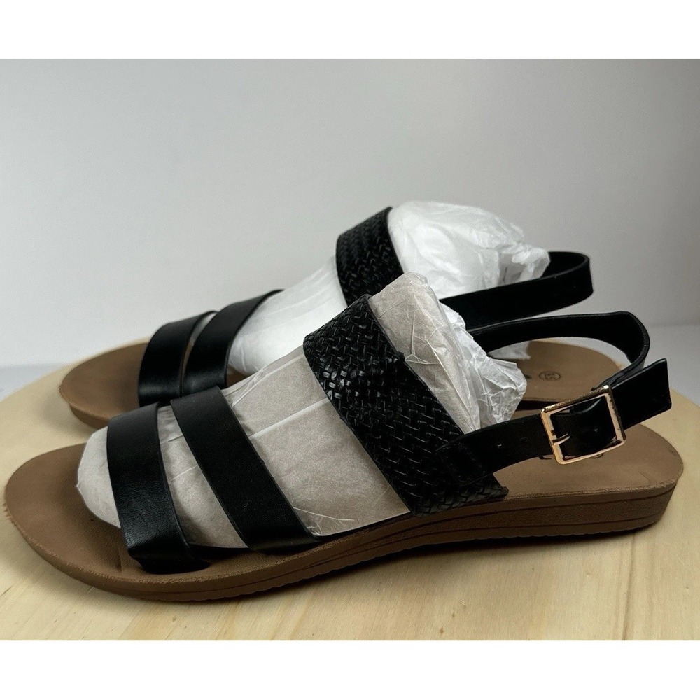 CL By Laundry Black Woven Slingback Flat Sandals‎ Size 9.5 Buckle Minimalist